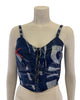 Hand painted leather bustier top with thin straps. Painted in an abstract pattern in silver and red