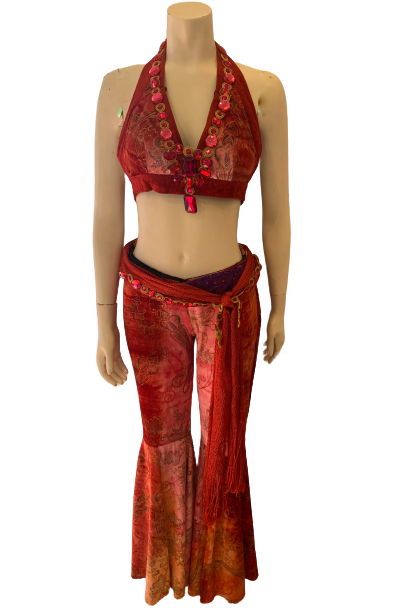 Red, tie-dye, velvet, bejewelled, two-piece set. Consists of bell-bottom pants and halter bra-top. 