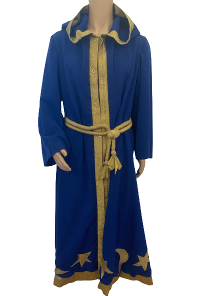 Costume wizard robe in blue with gold trim and hood.  Gold fabric belt with tassels at waist. Comes with pointed hat with tassel . Both pieces are adorned with cutout appliques of moons and stars.