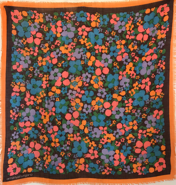 Emanuel Ungaro scarf with a floral print in coral, periwinkle, blue, orange, and green.