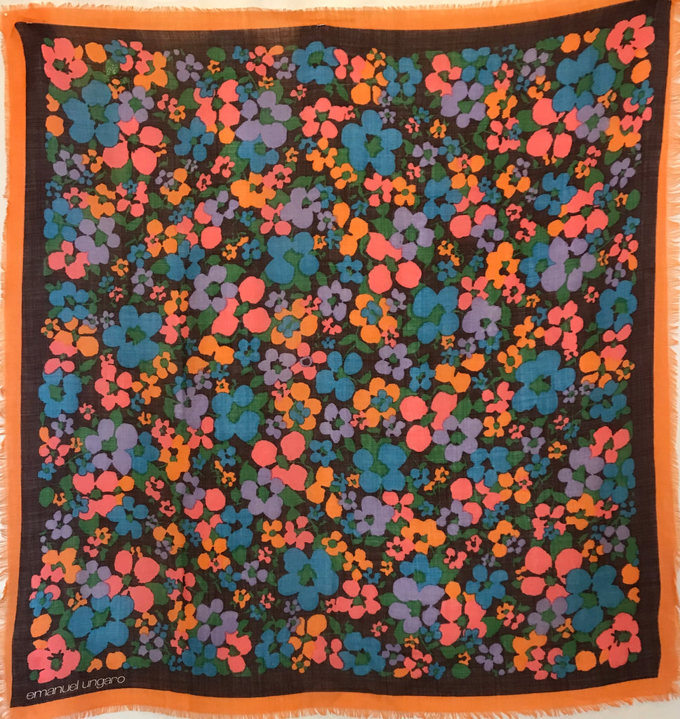 Emanuel Ungaro scarf with a floral print in coral, periwinkle, blue, orange, and green.