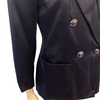 Navy blue silk blazer with notched collar and four metal buttons in blue with gold polka dots.