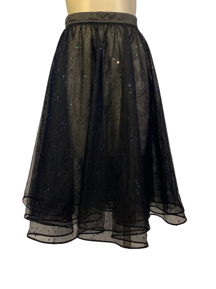 Two layer sheer black skirt with sequins sewn throughout. Satin waistband.  Knee length. 