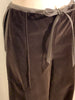 brown, velvet, wide-leg pant with attached belt at waist, and front zipper.
