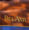 Small square silk pocket scarf with a blue border, mottled brown center pattern and the word BELAMI on the right bottom corner.