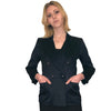 Navy blue silk blazer with notched collar and four metal buttons in blue with gold polka dots.