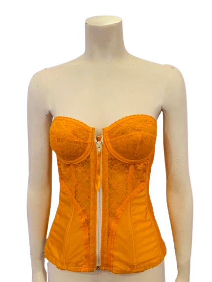 Neon orange lace bustier corset with front zipper Hip length