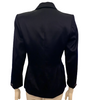 Navy blue silk blazer with notched collar and four metal buttons in blue with gold polka dots.