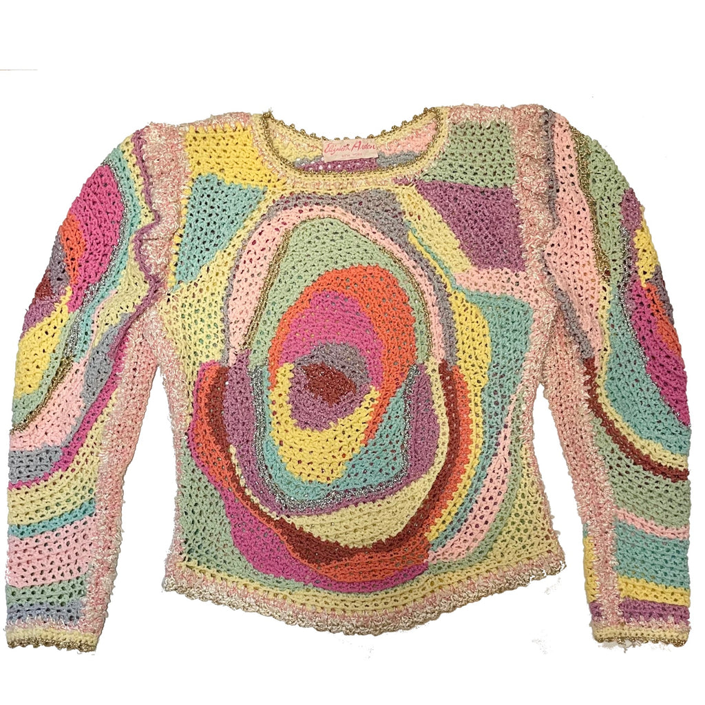 Pastel rainbow crochet sweater with swirl pattern, front view.