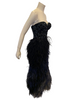 Strapless, black, evening gown. Blue & black beaded, boned, corset-top. Full-length, blue ombre, feather skirt. Back zipper. 