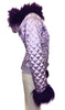 Lilac, quilted jacket with hood and purple, faux-fur trim. Rhinestone embellishments and belt. 