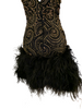 Strapless, black dress with all-over gold & black beading in a swirl pattern. Rows of black, marabou feathers at the bottom hem. 