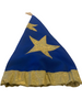 Costume wizard robe in blue with gold trim and hood. Gold fabric belt with tassels at waist. Comes with pointed hat with tassel . Both pieces are adorned with cutout appliques of moons and stars.