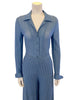 blue knit chevron button-up shirt and palazzo pants
