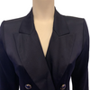 Navy blue silk blazer with notched collar and four metal buttons in blue with gold polka dots.