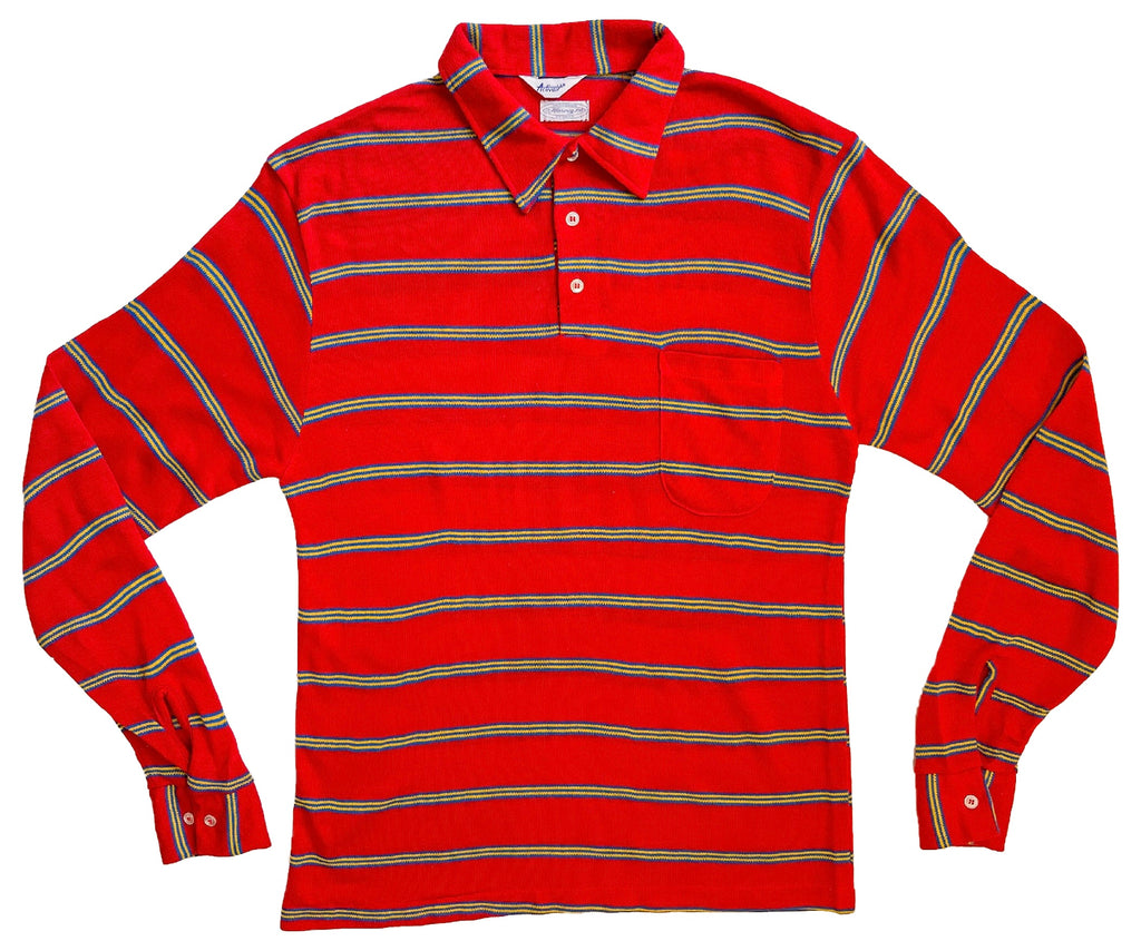 Red yellow and blue striped long sleeve polo with front pocket