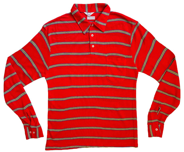 Red yellow and blue striped long sleeve polo with front pocket