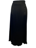 Black, flowy, thick-satin, midi-skirt. Front hem is longer than the back hem. 