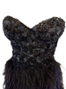 Strapless, black, evening gown. Blue & black beaded, boned, corset-top. Full-length, blue ombre, feather skirt. Back zipper. 