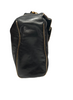 Black, leather bag with long strap, gold piping, and a gold tassel. 