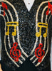 Black, sequin-front, snap-up vest with sequined musical note motif. 