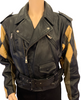 Black, zip-up leather jacket with diamond-shaped patchwork sleeves in black, brown, and tan and a black belt. 