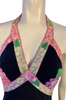 Black, halter-neck, maxi dress with pink and purple floral pattern at the bust. 