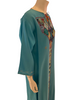Side view of aqua blue 3/4 length sleeve kaftan with multicolored geometric embroidery at the top and down the front