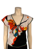 Short-sleeve, v-neck shirt with an all-over fish print in blue, green, black, white, orange, and red. 