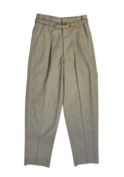 Front view of 1950s grey pleat front trousers with a belt