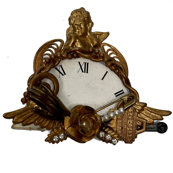 1980s Maximal Art Clock Brooch w/ Cherub, Rose & Hand