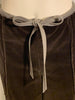 brown, velvet, wide-leg pant with attached belt at waist, and front zipper.