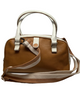 Tan bowler style handbag with white trim and handles.  Zipper top and detachable striped cloth shoulder strap