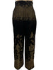 Black-and-gold, silk, brocade, high-waisted pant with floral motif on front top and on legs.