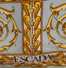 Silk square scarf with a pastel pink, green and blue Rococo pattern with gold filigree design