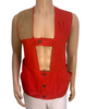 Red, button-up, utility vest with pockets, and a suede panel on one shoulder. 