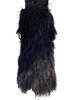 Strapless, black, evening gown. Blue & black beaded, boned, corset-top. Full-length, blue ombre, feather skirt. Back zipper. 