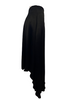 Black, flowy, thick-satin, midi-skirt. Front hem is longer than the back hem. 