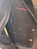Black velvet cropped mens jacket with purple trim. Open front with button details.
