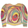 Pastel rainbow crochet sweater with swirl pattern, back view.