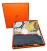 Blue and white scarf with Australian animal print in orange Hermes box.