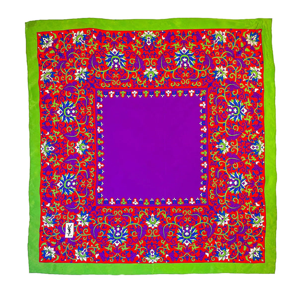 Vibrant blue, green, purple & red Yves Saint Laurent floral patterned scarf 