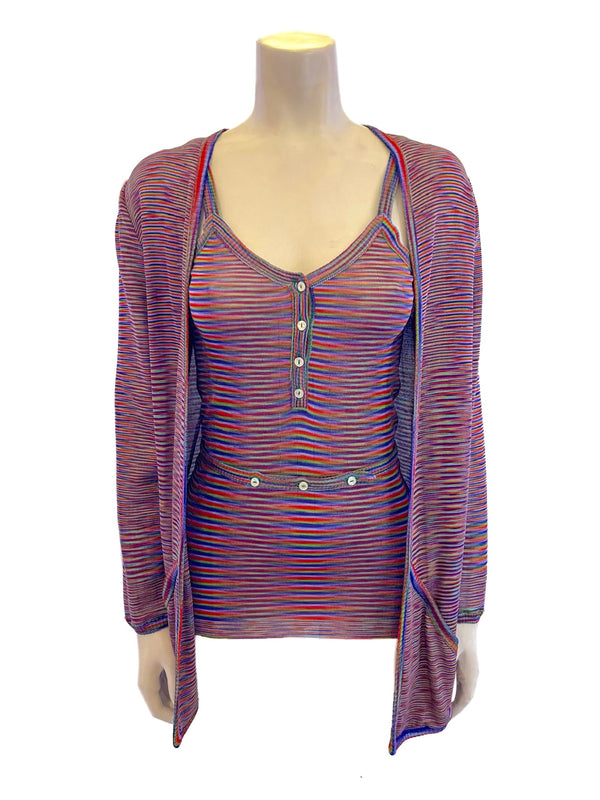multicolor striped knit tank top, cardigan, and belt. 