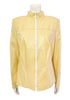yellow leather jacket with white zipper