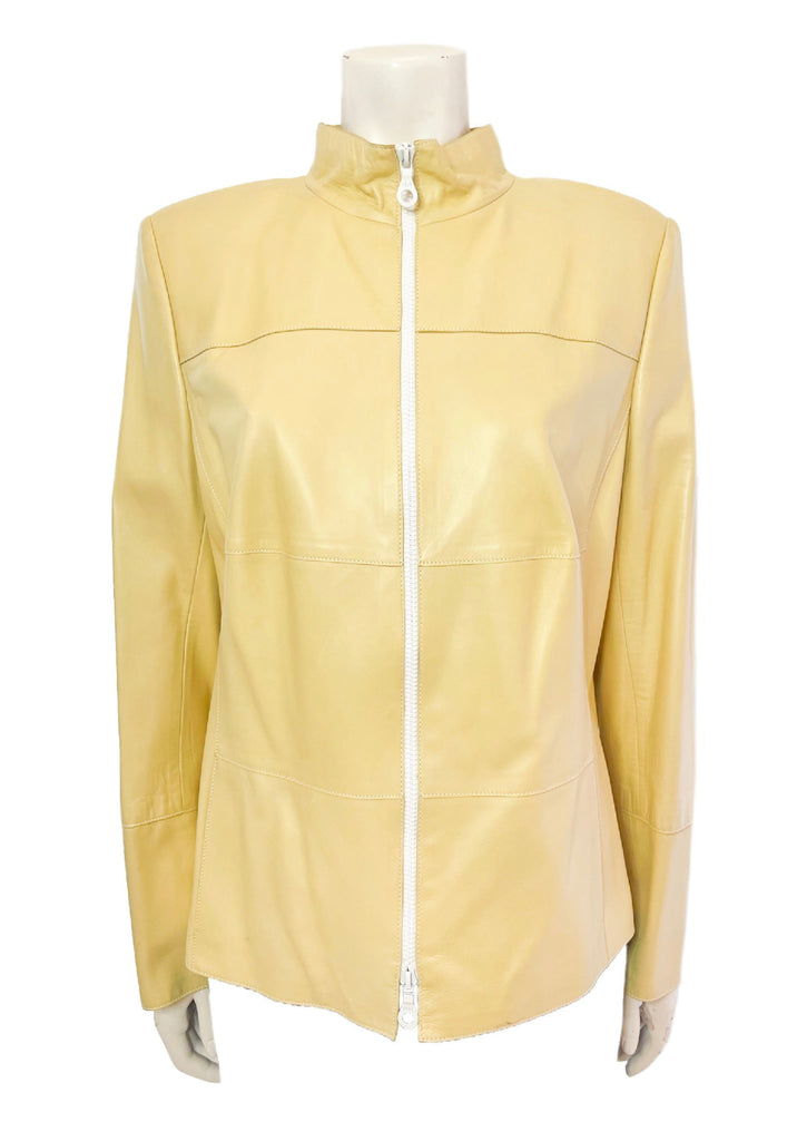 yellow leather jacket with white zipper