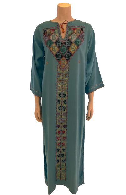 Front view of aqua blue 3/4 length sleeve kaftan with multicolored geometric embroidery at the top and down the front