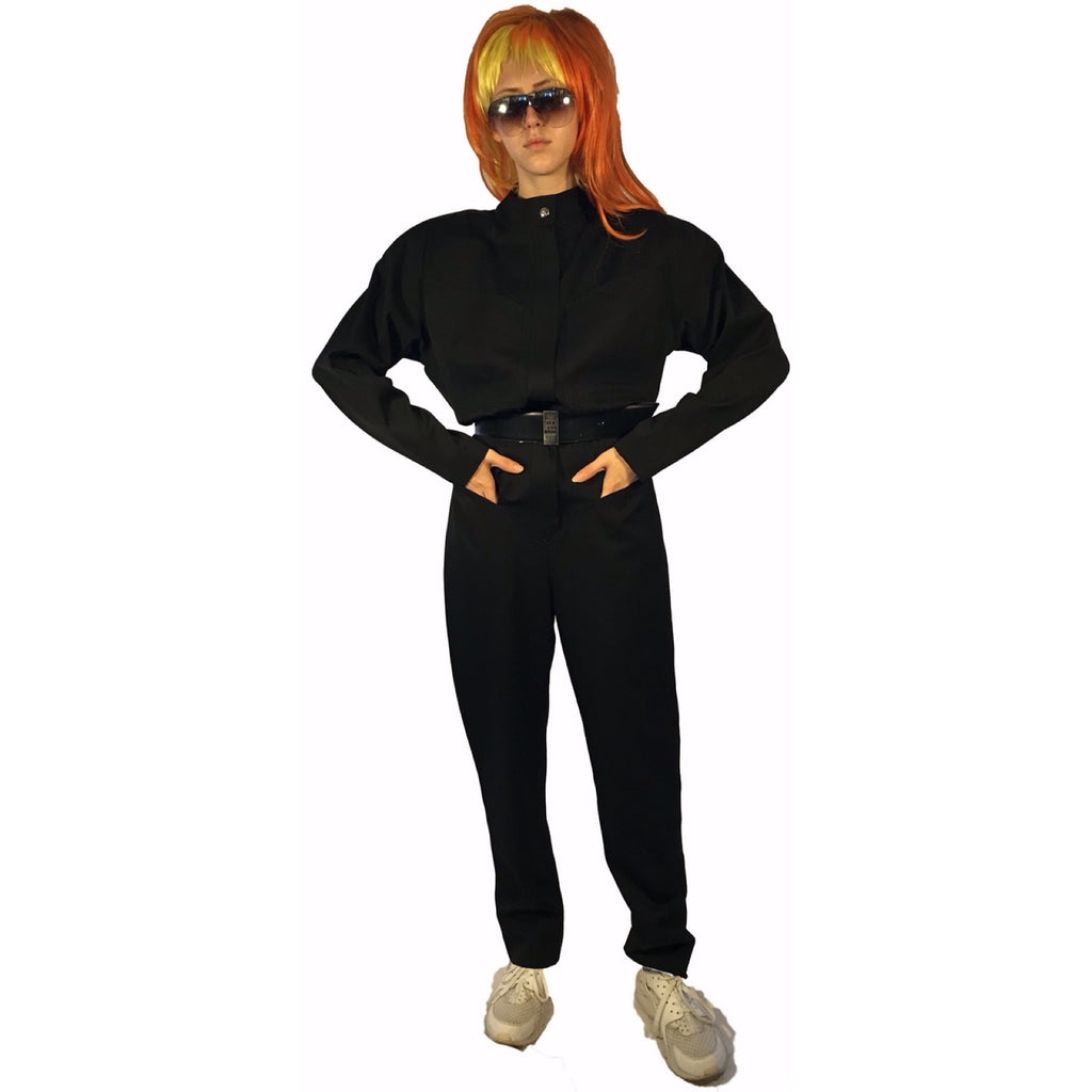 Black, wool, zip-up, long-sleeve jumpsuit with belt-loops and pockets.  