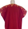 Long, red, short-sleeve, kaftan dress with red, orange, and yellow embroidery. 