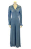 blue knit chevron button-up shirt and palazzo pants