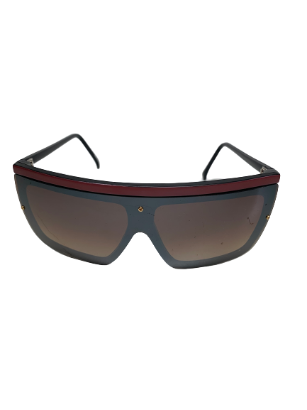 Black plastic aviator style sunglasses with burgundy trim along top bar. 